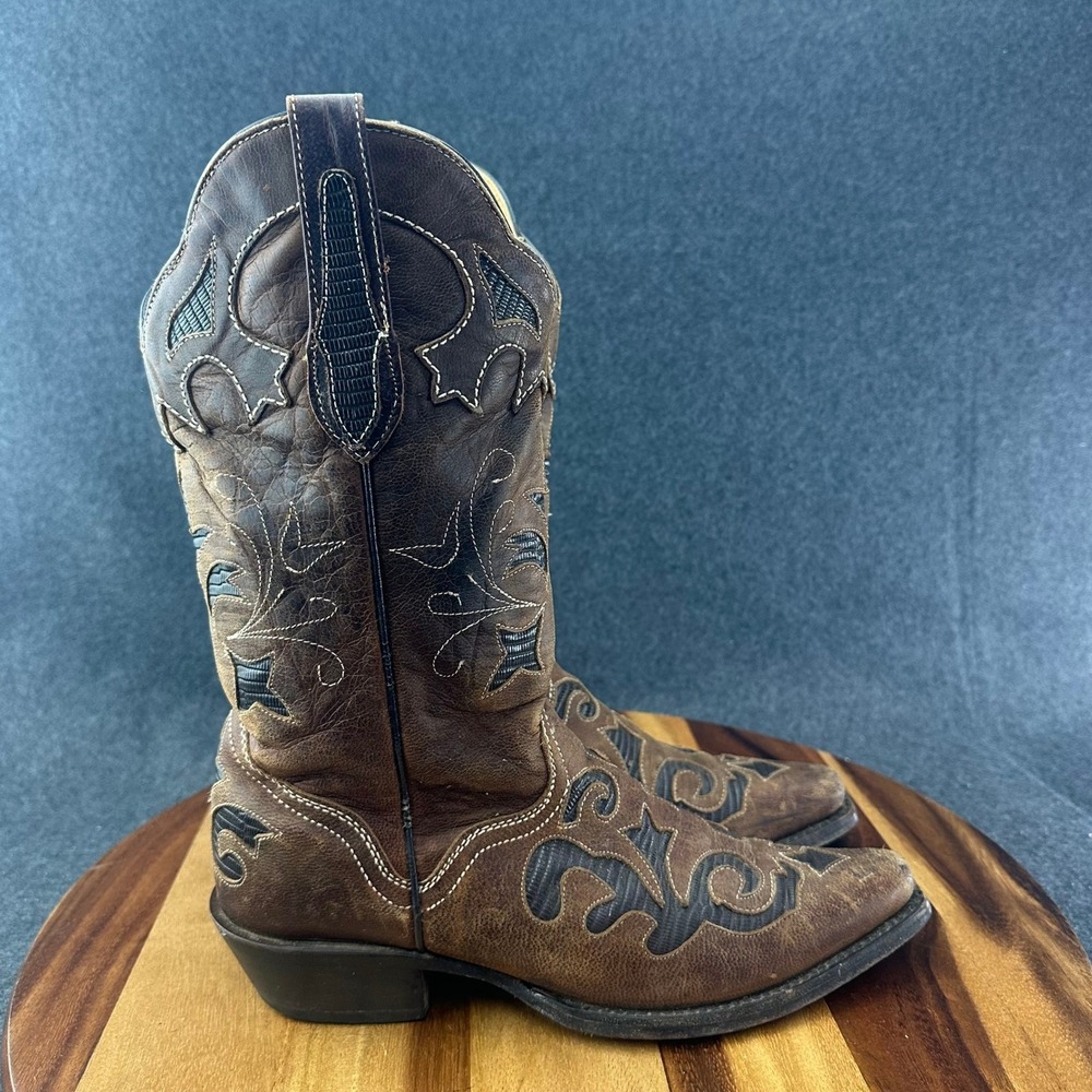 JB Dillon Boots Mens 8B Brown Goat Leather Western Cowboy Reptile Inlay